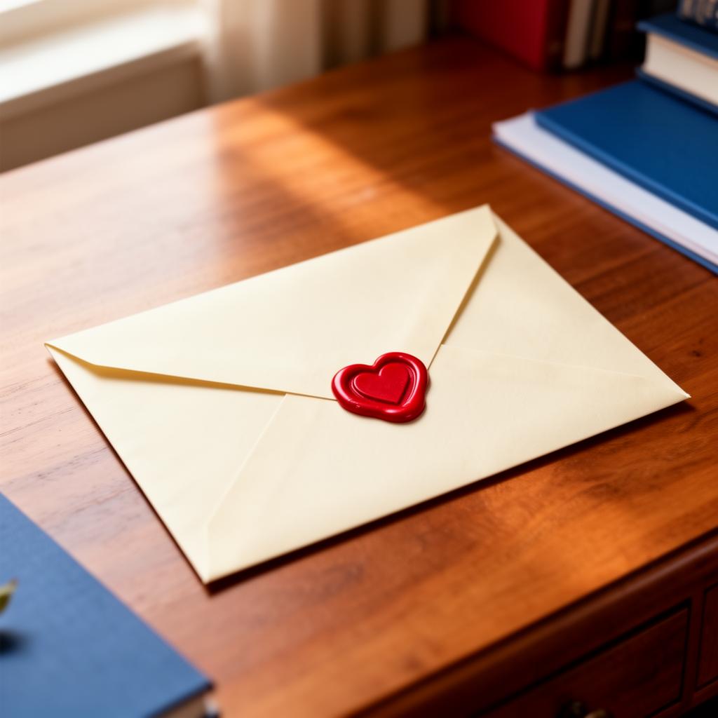 Sobre elegante con sello de corazón rojo sobre un escritorio de madera